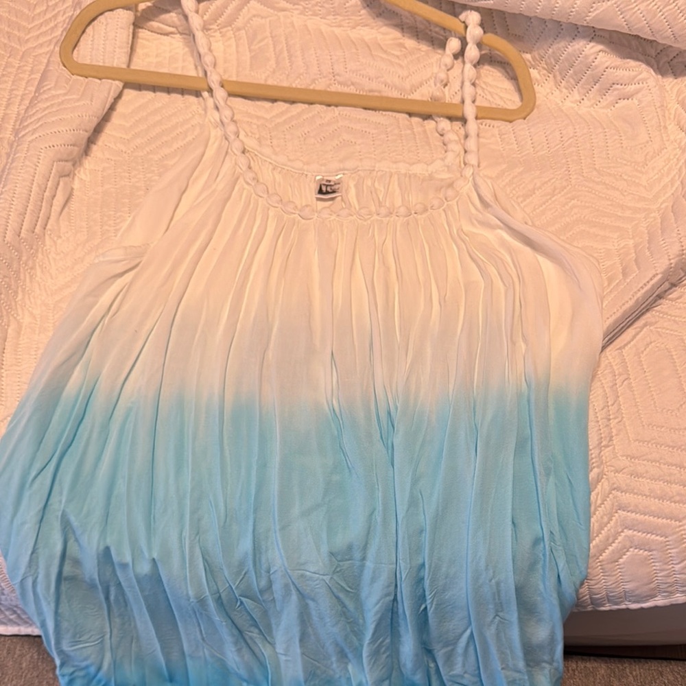 White and Blue Asymmetrical Pleated Tank Dress